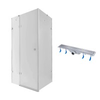 Набір Qtap душова кабіна Capricorn CRM1018RC6 100х80, скло Clear 6 мм + трап лінійний Dry FB304-600 з сухим закривом та нержавіючою решіткою 600х73 мм