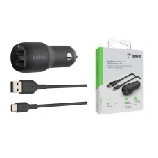 Зарядний пристрій автомобільний Belkin 24Вт 2хUSB-A, кабель USB-A  USB-C, 1м, чорний