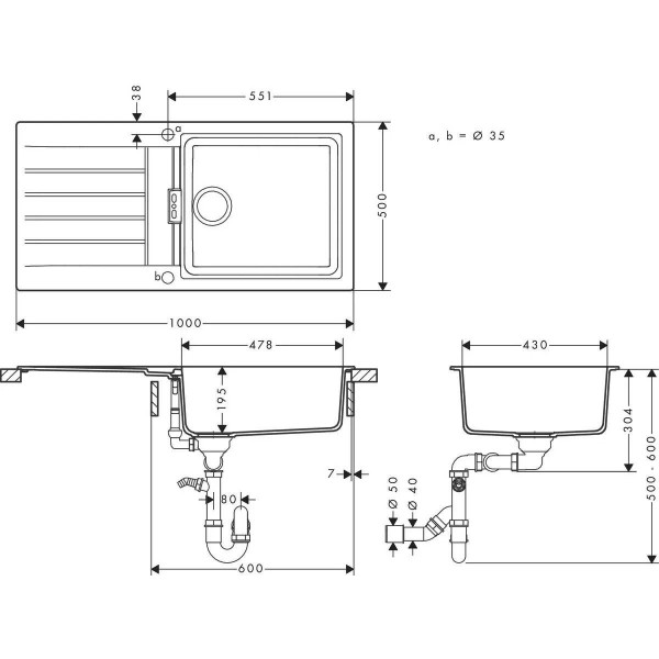 Гранітна мийка Hansgrohe S520-F345 сірий камінь