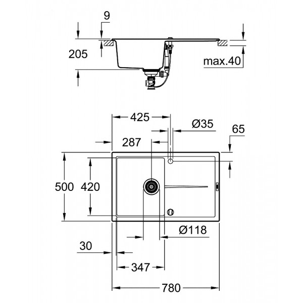 Гранітна мийка Grohe 780х500 Granite Black