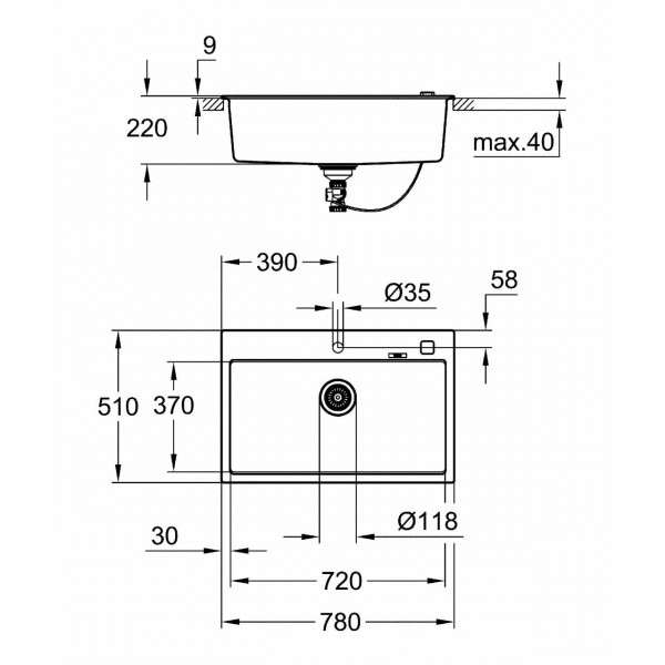 Гранітна мийка Grohe 780х510 Granite Black