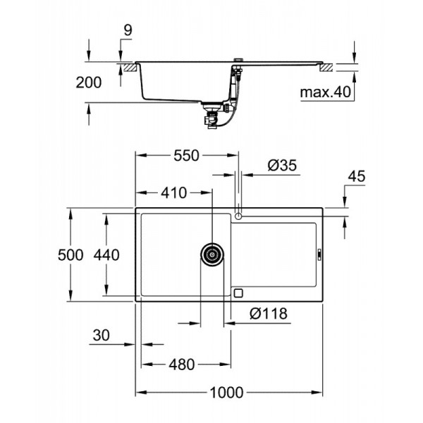 Гранітна мийка Grohe 1000х500 Granite Grey