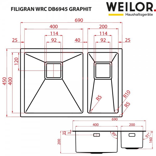 Кухонна мийка WEILOR FILIGRAN WRC DB6945 GRAPHIT