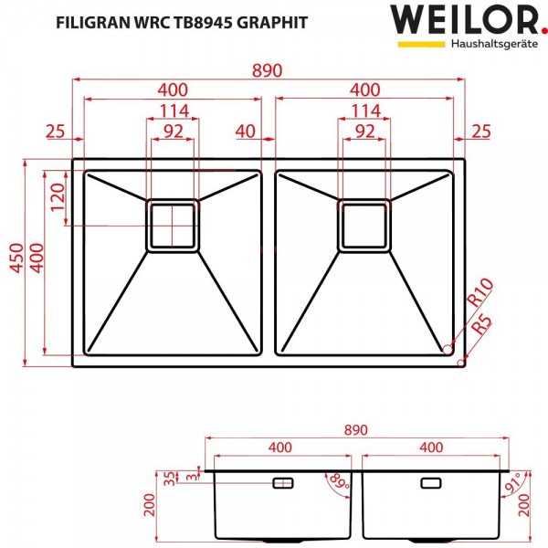 Кухонна мийка WEILOR FILIGRAN WRC TB8945 GRAPHIT