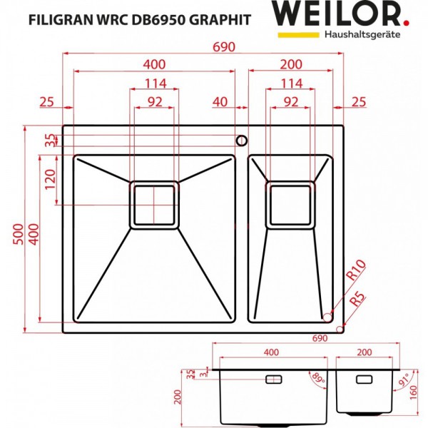Кухонна мийка WEILOR FILIGRAN WRC DB6950 GRAPHIT